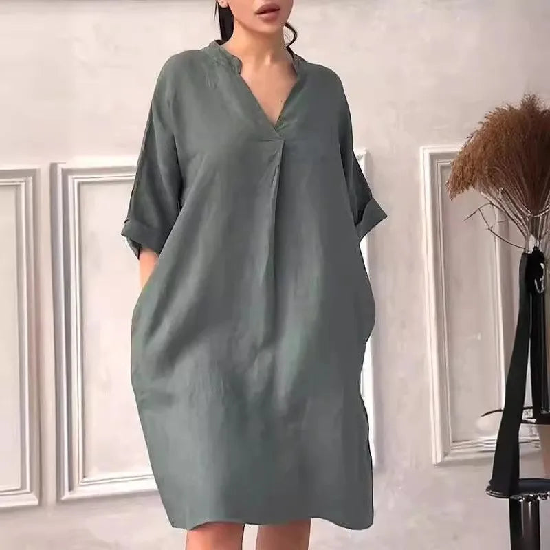 Fashion Cotton And Linen Women's V-neck Loose Dress Spring And Summer Solid Color Casual Short Sleeved Pocket Midi Dresses