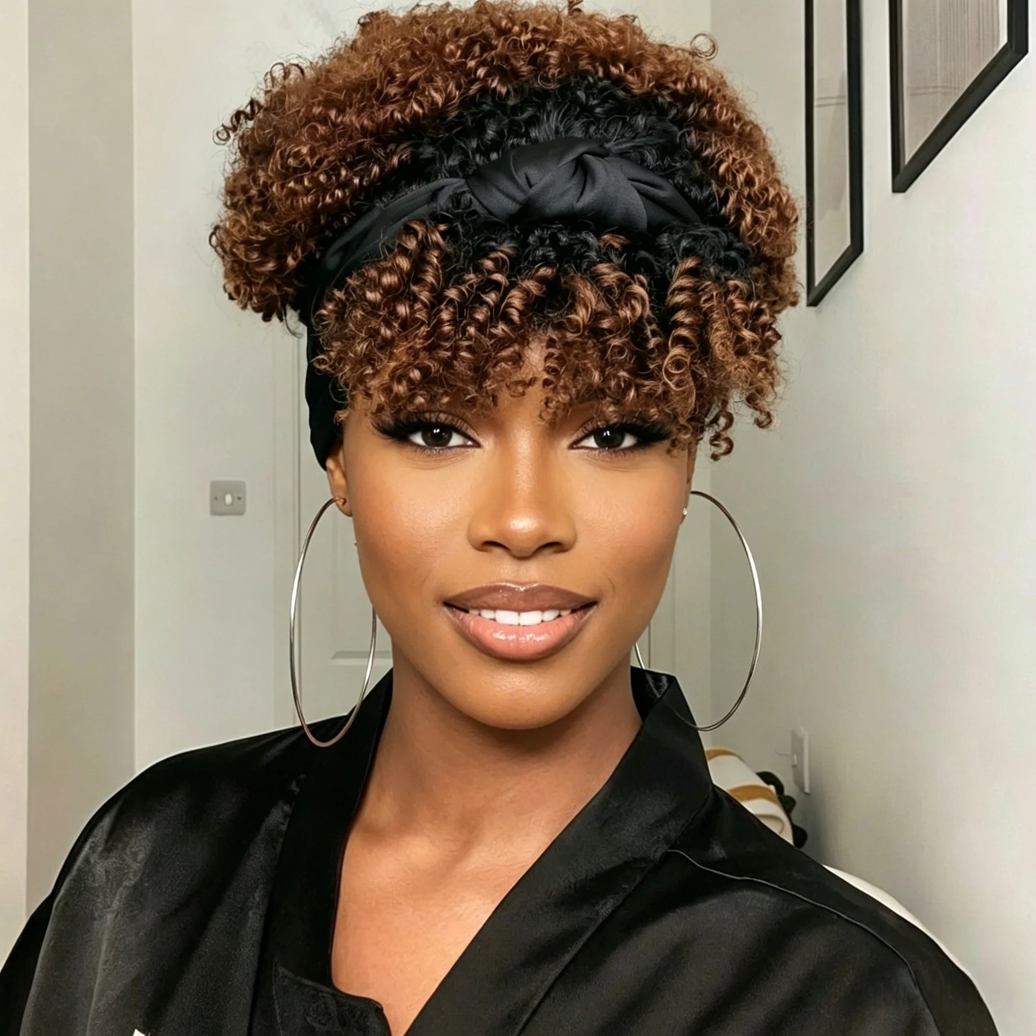 Short Curly Headband Wig with Bangs Human Hair Pixie Cut Wig Full Machine Wig