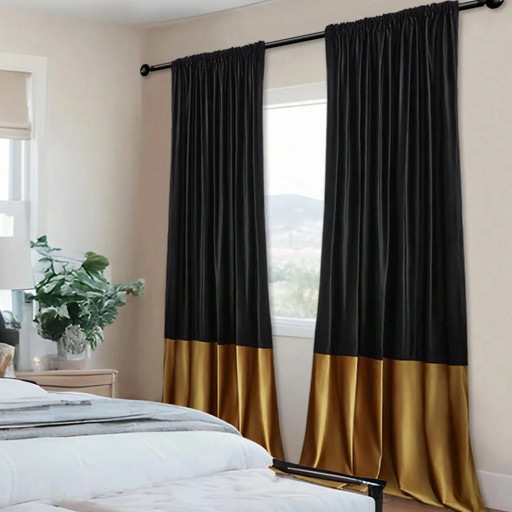 1pc Thick Gold Patchwork Velvet Curtains, Light Blocking & Noise Reducing, Universal Fit for Bedroom & Living Room