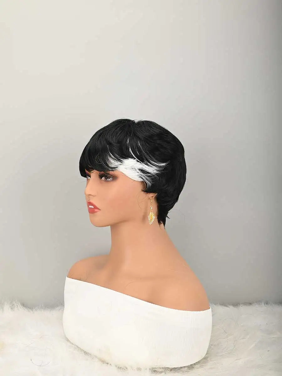 Peluca corta Bob para corte Pixie, pelucas sintéticas sin pegamento, peluca sin encaje frontal con flequillo, liso negro natural, hecha a máquina completa, corta en capas para uso diario.