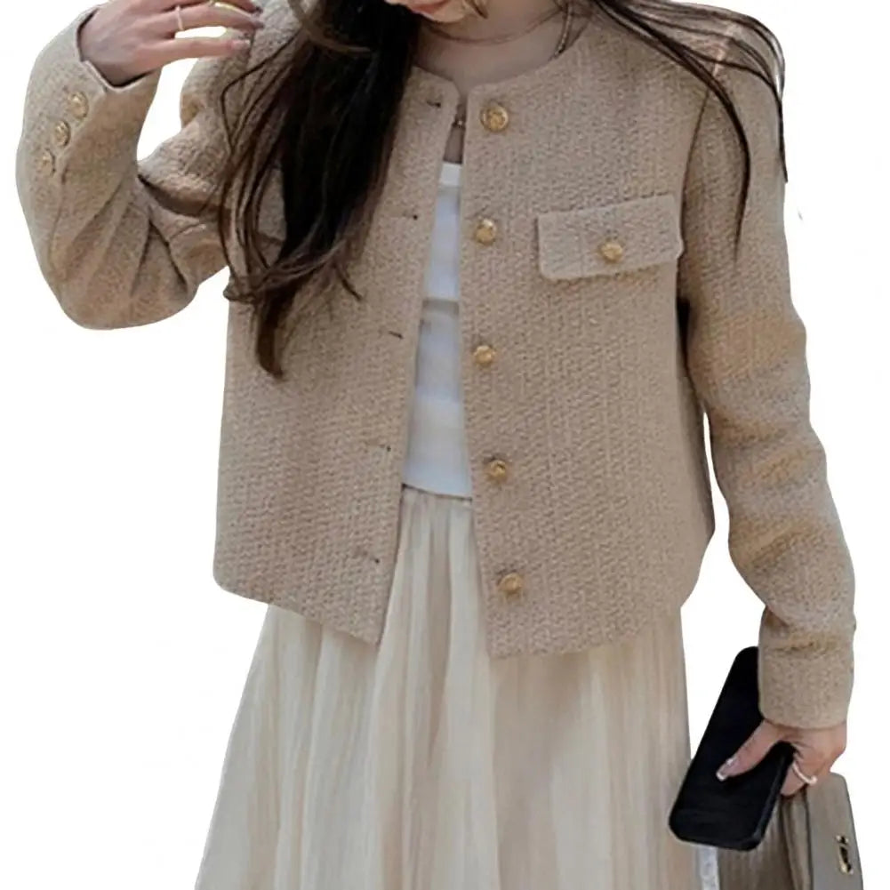 Round Neck Jacket Stylish Single-breasted Women's Coat for Fall Spring Long Sleeves Cardigan in Solid Color Loose Fit for Dating