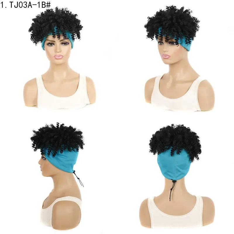 Fluffy Headband Wigs for Black Women Short Afro Kinky Curly Headwrap Wig High Temperature Natural Synthetic Headband Scarf Wig