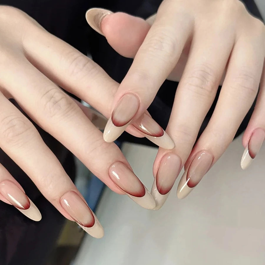White French False Nails Nude Color Sweet Press on Nails Almond Full Cover Fake Nails Finished Fingernails Art for Bride Wedding