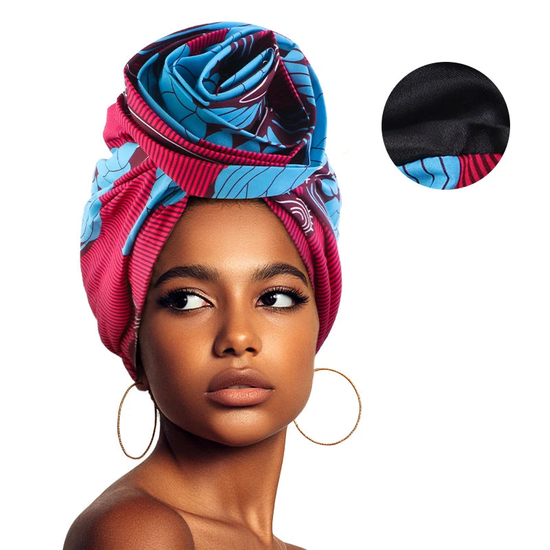 Woman African Satin Lined Turban Cap Big Flower Hat Floral Printed Headwrap Bonnet Muslim Headscarf Ladies Beanies