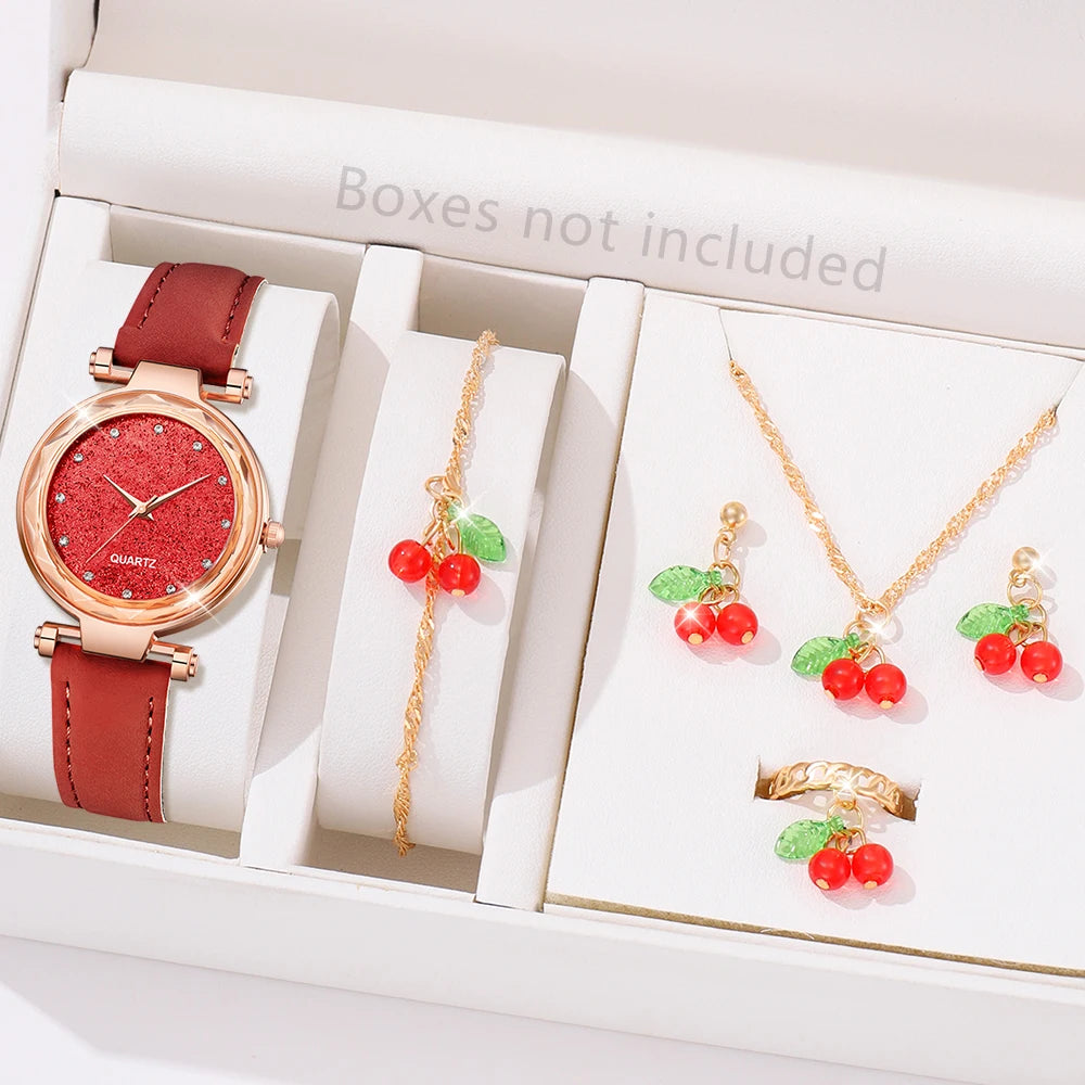 Set de 6 piezas de reloj y joyas para mujer en color rojo: Elegante, divertido y perfecto para regalar