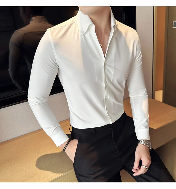 Men Dress Shirt Autumn British Style Solid Casual Slim Fit Formal Camisas V-neck Long Sleeves Shirt Streetwear Men Clothing