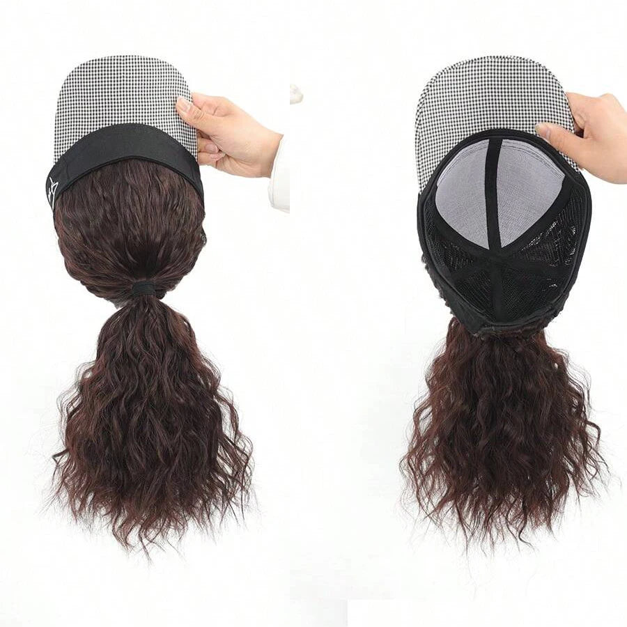 Pelucas con gorro de 16 pulgadas, pelucas de cola de caballo rizadas sintéticas con gorra de béisbol de pata de gallo para mujer, para uso diario y en fiestas.