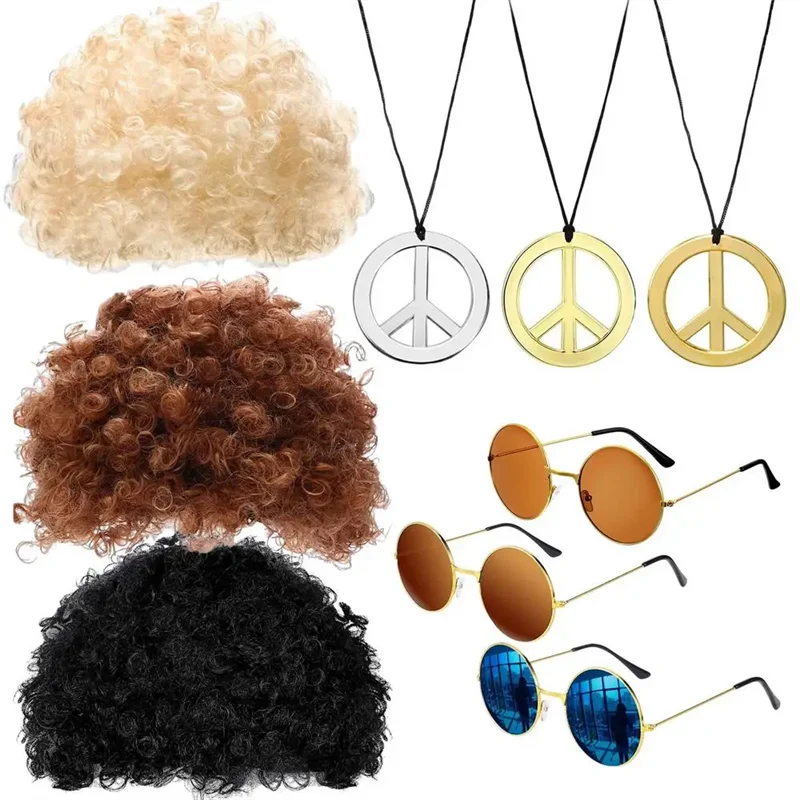 Perruque Synthétique Homme Chapeau Cheveux Bouclés Casquette Lunettes de Soleil Collier Set 3 Pièces Drôle Années 70 Disco Hippie Accessoires Cheveux Fête Costume de Danse Hip Hop