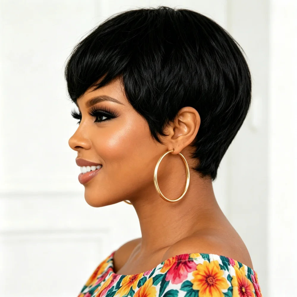 Soft Layered Natural Black Short Pixie Human Hair Wig Full Machine Made Human Hair Wig With Side Fringe For Ladies