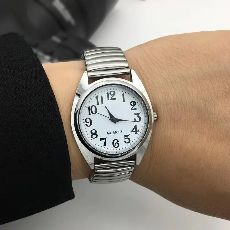 Relojes de pulsera para hombre y mujer, correa de acero inoxidable, aleación, para amantes, movimiento de cuarzo, correa elástica