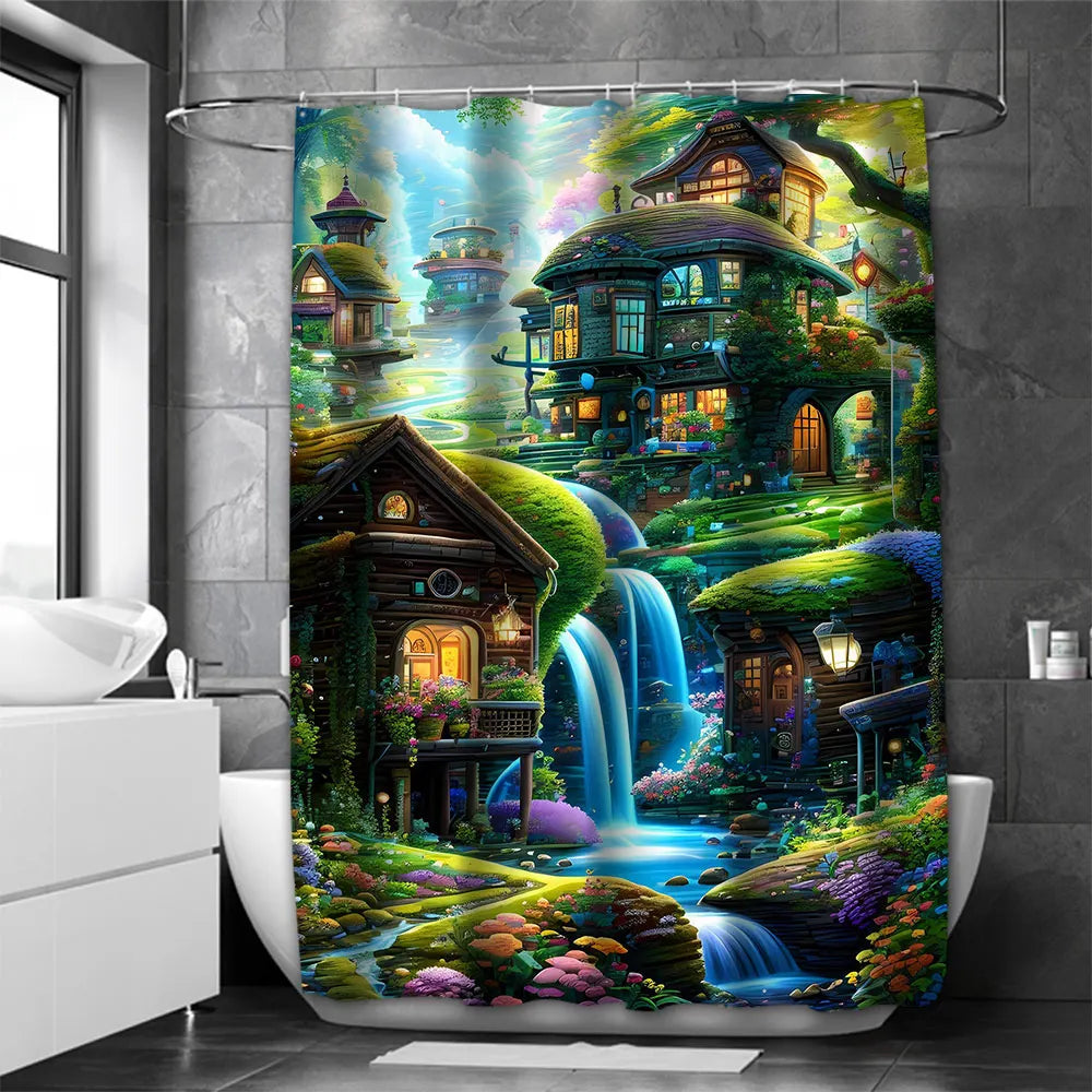 Dream view Cottage  Bathing Curtain  Bathroom Shower Curtain Waterproof With 12 Hooks Home Deco Free Ship