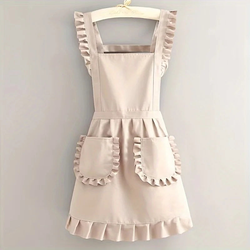 Tablier de cuisine coréen - Tablier de style princesse, bretelles réglables au cou et à la taille avec poches adaptées à la cuisine et aux studios de manucure