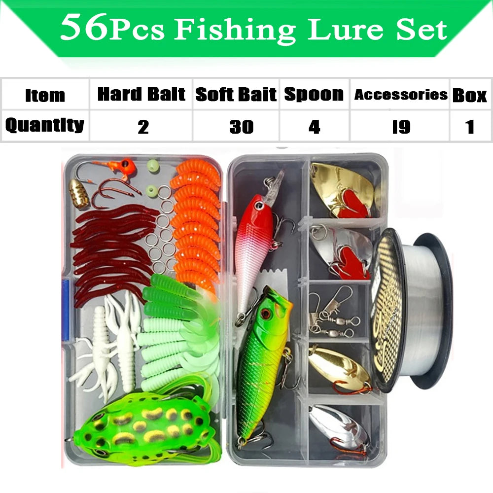 Kit de señuelos de pesca, juego de cebos blandos y duros, capa de engranajes Minnow, plantilla de metal, cuchara para bajo, lucio, accesorios de aparejos de manivela con caja