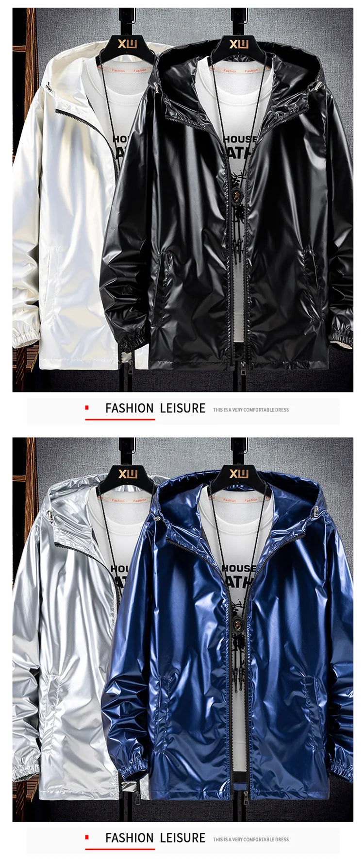 Chaquetas con capucha de superficie brillante para hombre, para senderismo, pesca, deportes al aire libre, cortavientos, estilo fino, abrigos de tendencia, ropa de hombre 7XL