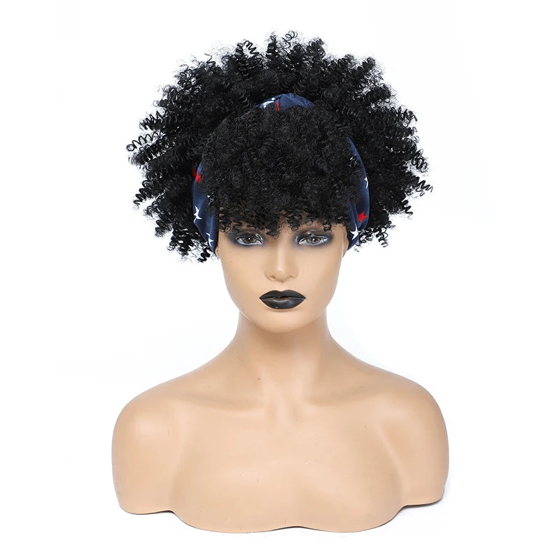 Afro Curly Headband Wigs Short Kinky Curly Wigs with Headbands Attached Scarf Wig For Women Synthetic Afro Puff Wigs with Bangs