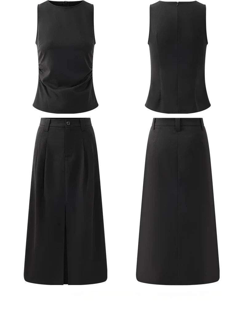 Black Sleeveless Top Skirt Set Women Petite Slim Fit Shirt Split Hem Straight Maxi Skirt Summer Two Piece  Elegant Matching Set