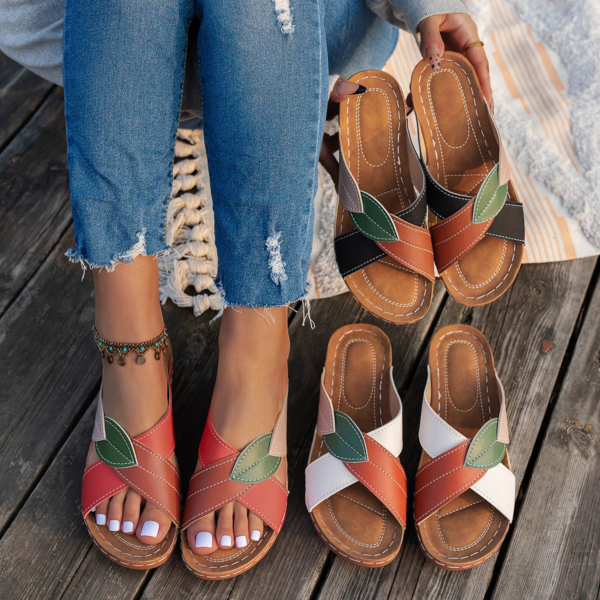 Women Slippers Summer Shoes Woman Mix Color Heels Sandals Summer Women Elegant Heeled Footwear Slippers slides Women