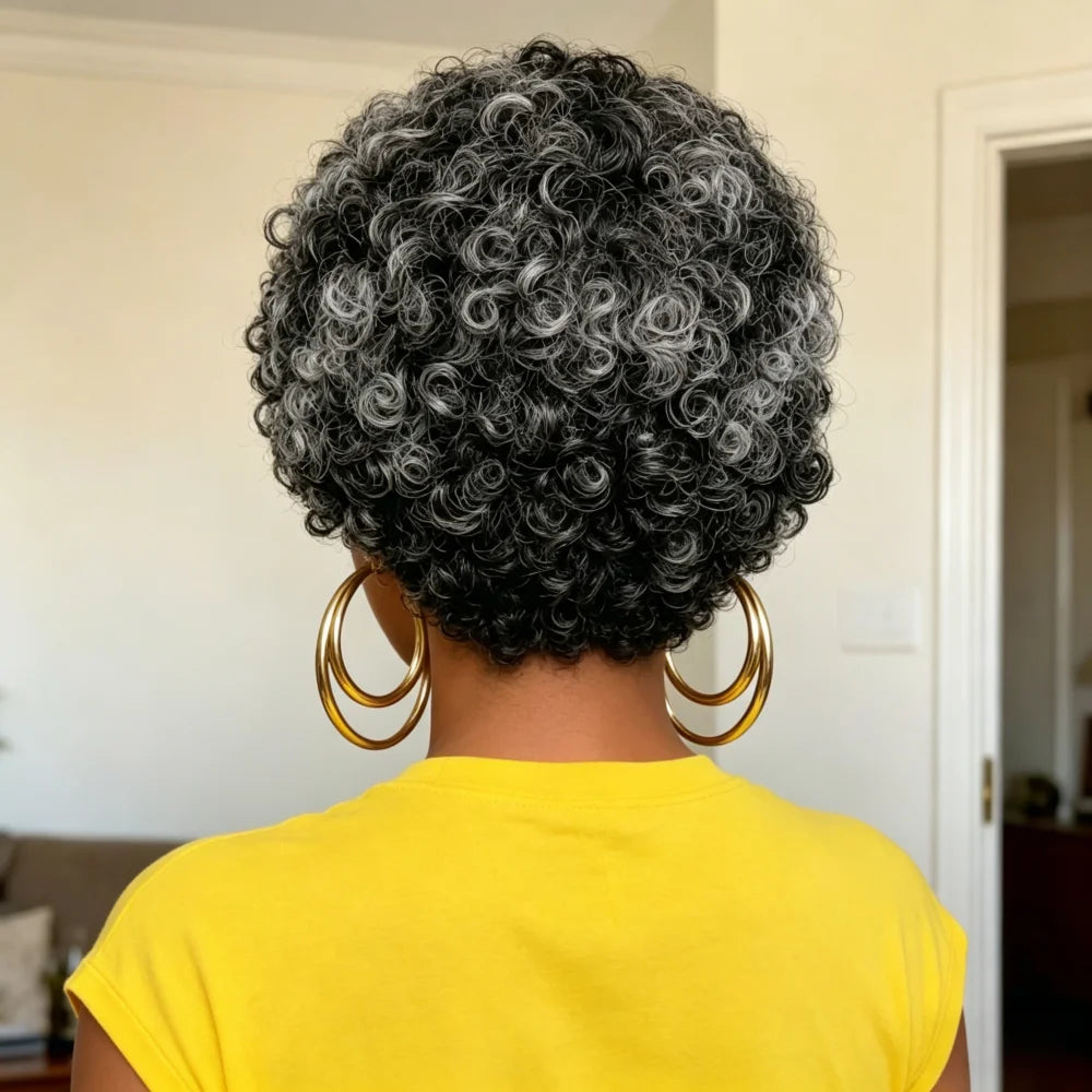 Salt and Pepper Gray Short Curly Human Hair Wig with Bangs, full machine made Remy Hair Natural Afro Kinky Curly Wigs for Women