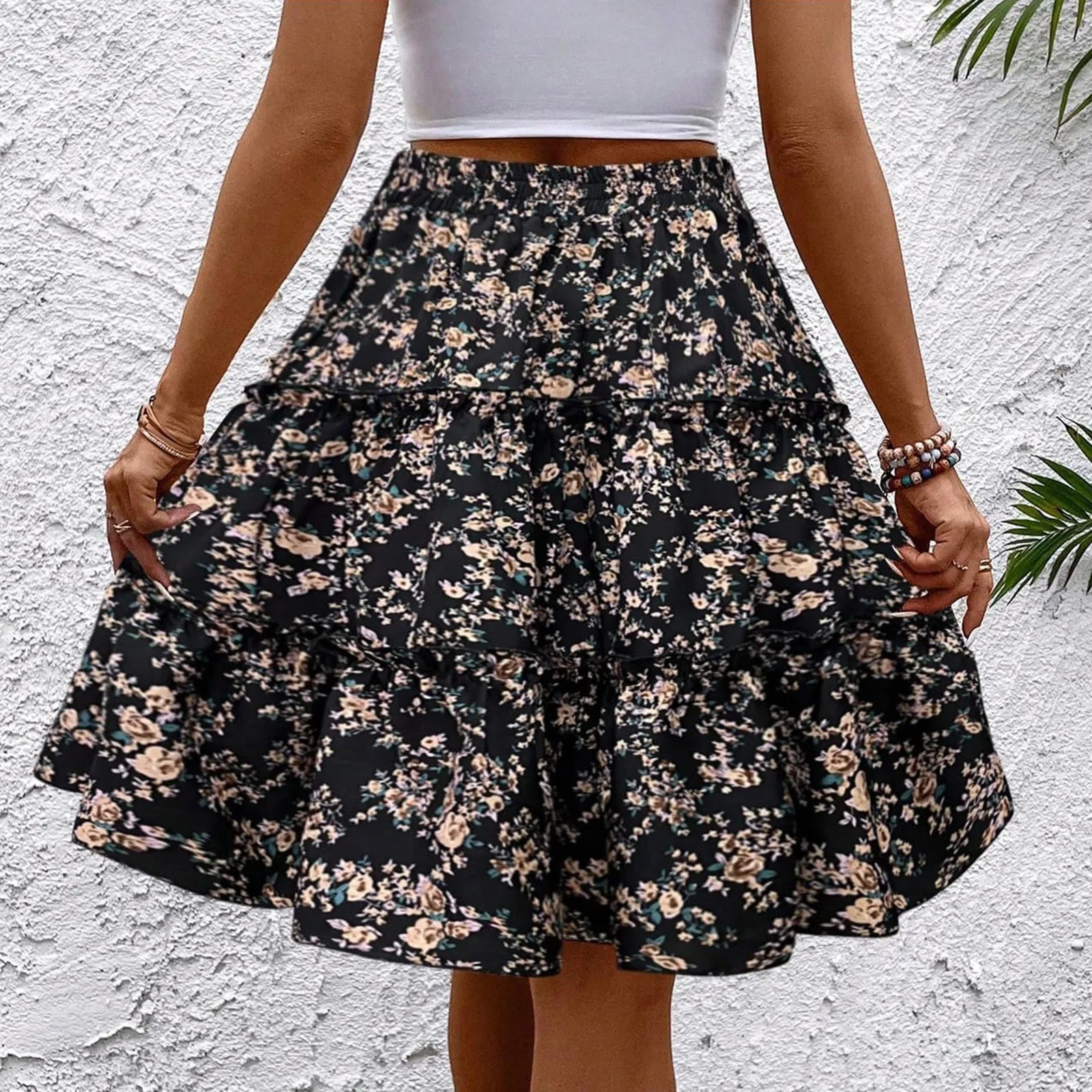 Women's Spliced Cake Skirt Fashionable Floral Print Elastic Waist Strap Versatile Casual Skirts Comfortable knee-length skirt
