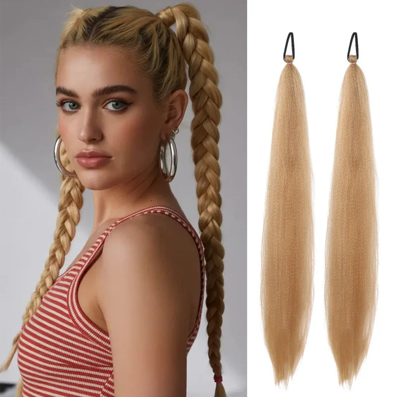 2PCS Synthetic pair of female rubber band boxing color synthetic braided ponytail wig long straight hair heat-resistant ponytail