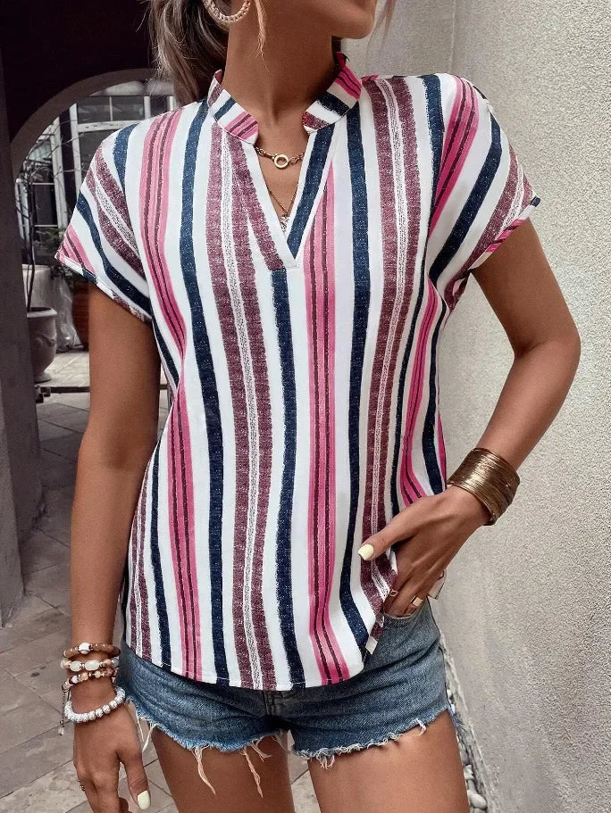 Women's Tops Blouses New Summer Casual Fashion Striped Print V-neck Short Sleeve Shirt Elegant Women Shirts Tops Streetwear