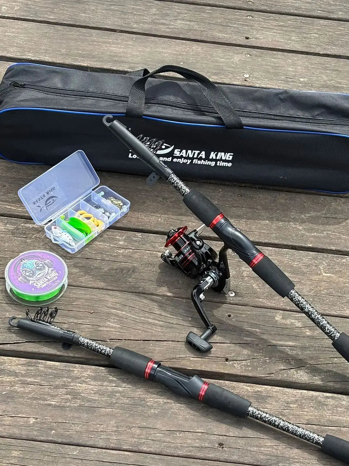 Spinning Fishing Kit- Telescopic Fishing Rod and Spinning Fishing Reel Fishing Line Lure Spoon Hooks Weights with Tackle Bag