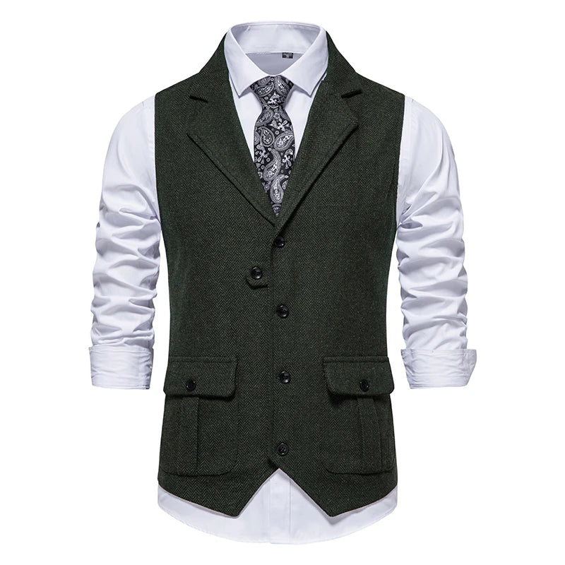 Men Suit Vest Herringbone Fabric Waistcoat Business Wedding Casual Turndown  Collar Men's Dress Blazer Vests Formal Party V07