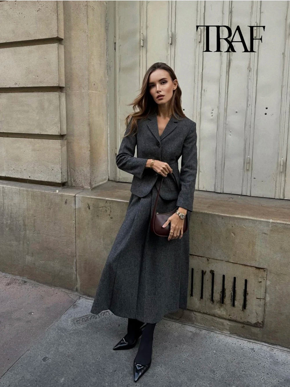 TRAF Women Fashion Casual Commuter Suit Skirt Suit Autumn and Winter Single-breasted Suit Jacket High-waisted A-line Skirt Suit