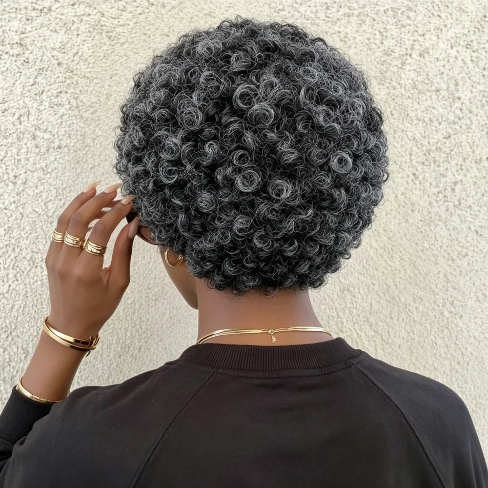 Natural Salt and Pepper Gray Short Afro Kinky Curly Human Hair Wig, Full Machine Made Human Hair Wigs with Bangs,for Daily & Par