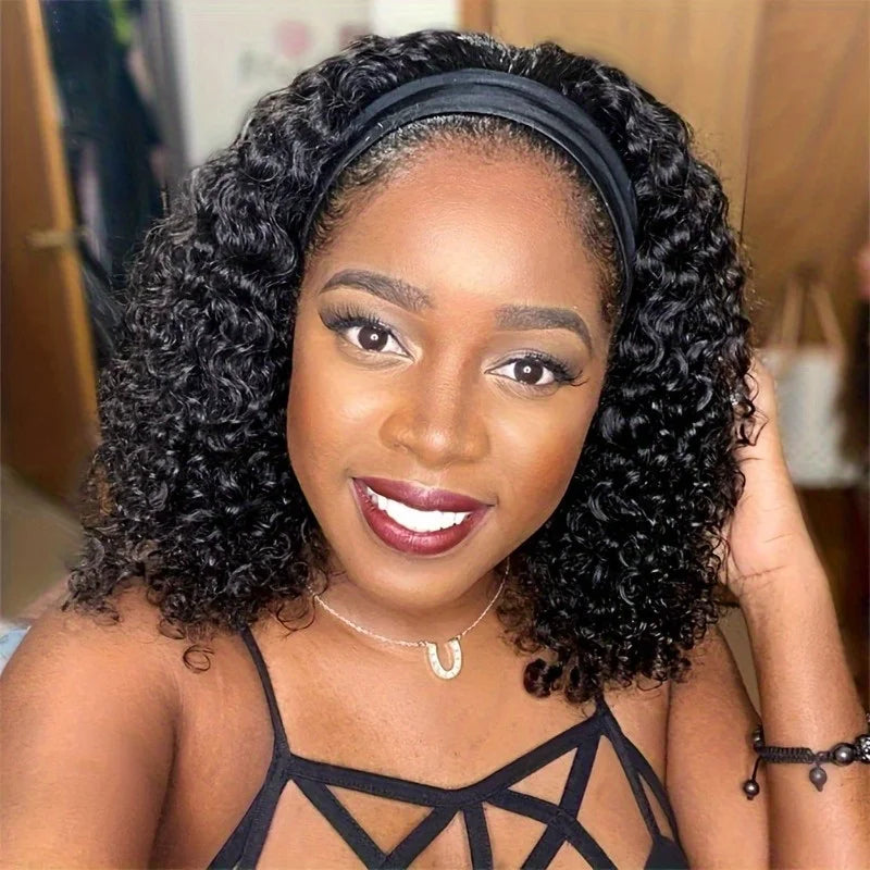 200% Density Brazilian Remy Human Hair Full Machine Made Wig - Kinky Curly Glueless Headband Wig for Women