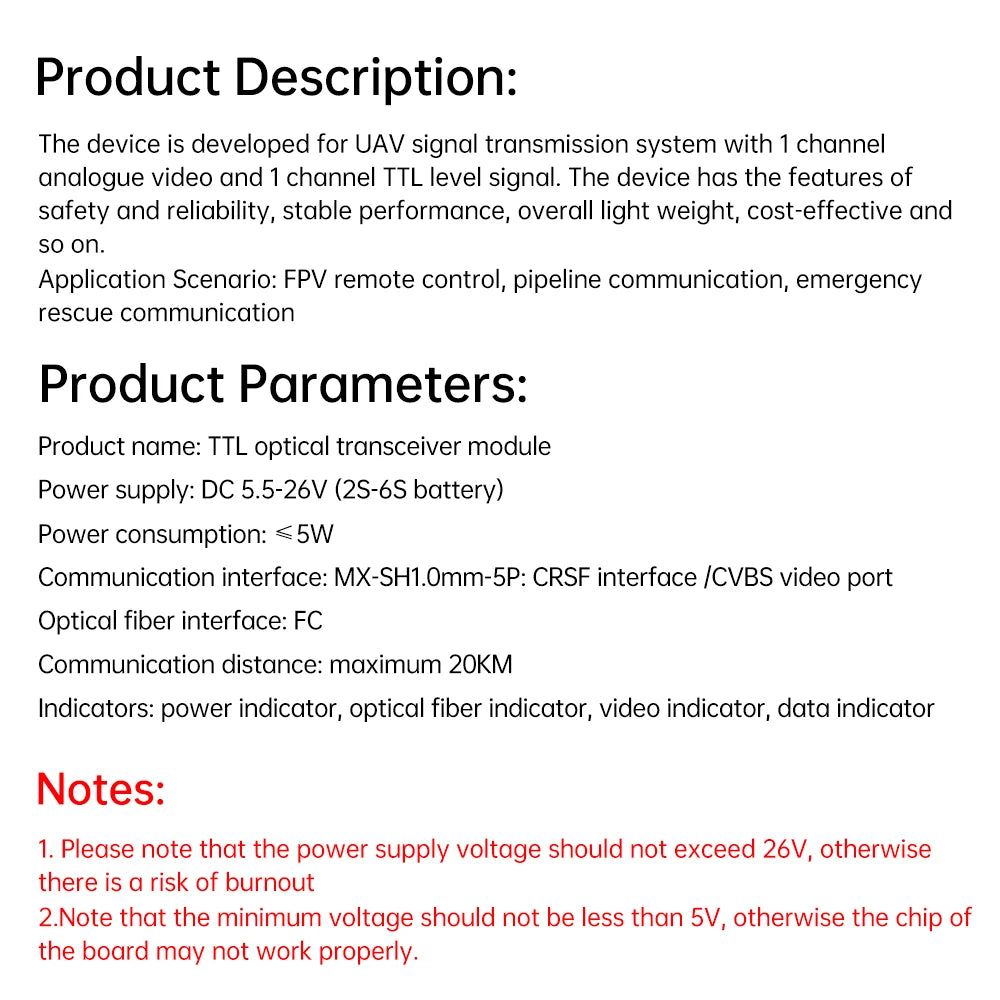 Dc 5.5-26V Ttl Optical Transceiver Module Drone Fc Rx/Tx/Av/Vcc/Gnd Fiber Optic Module Terminal Equipment Optical Terminal