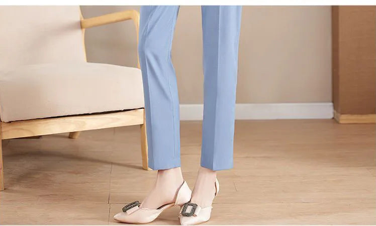 Women Formal Suits 2 Pieces Sets Elegant Slim Short Sleeve Cardigan Tops Conjuntos Summer Ol High Waist Pencil Pants Ensembles