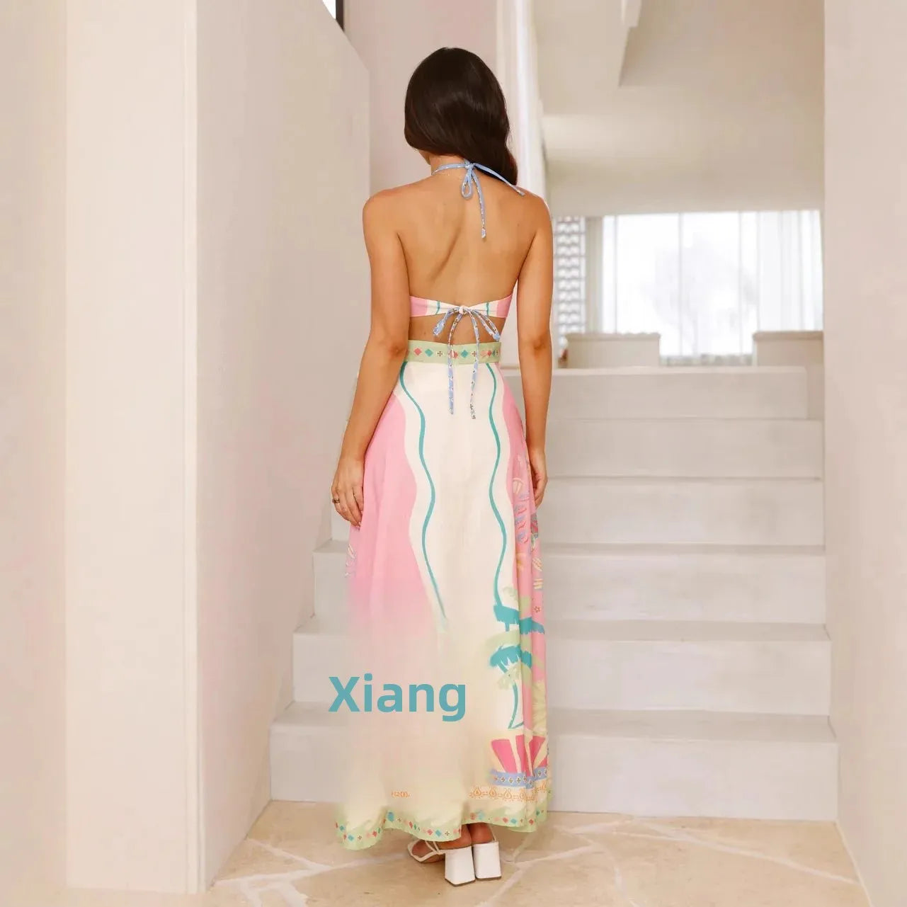 Sexy Long Neck Hanging Strap Backless Dress New Independent Station Cross-Border Sleeveless Knee-Length Polyester Fiber