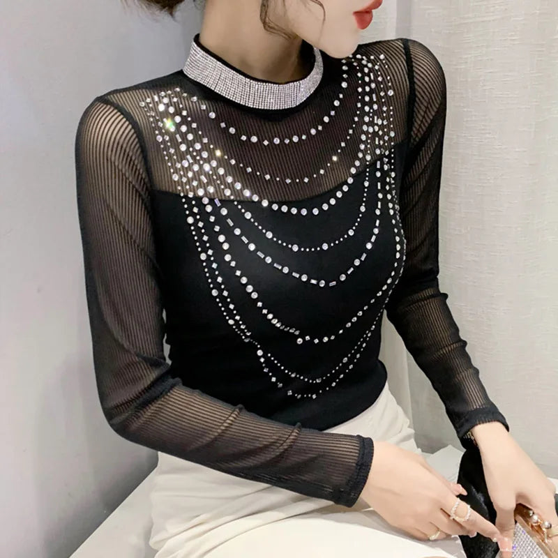 Jersey de cuello alto de malla Otoño Invierno – Elegante y elástico
