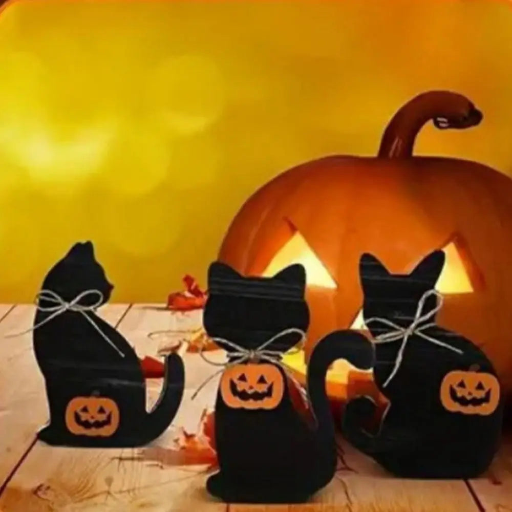 3pcs Table Centerpiece Decoration Wooden Halloween Black Cat Ornament Cute Decorative Cat Sculpture Vivid Animal Statue Tabletop