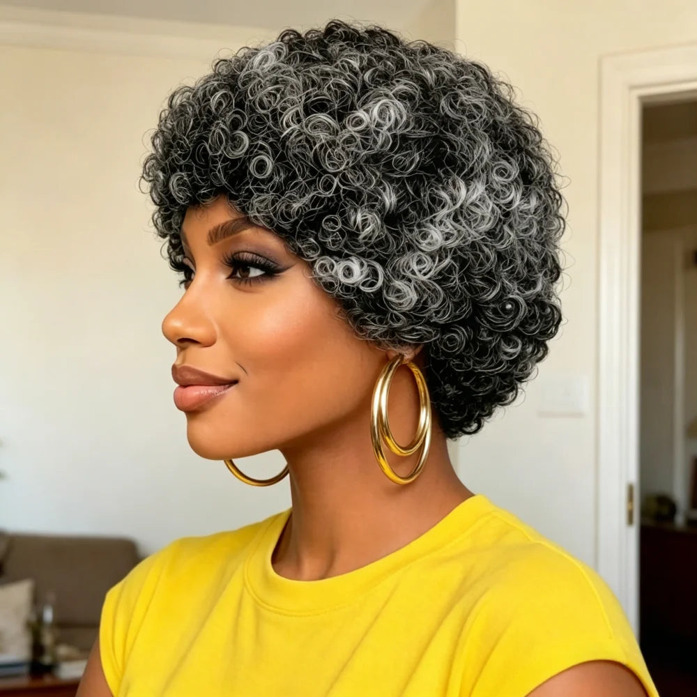 Salt and Pepper Gray Short Curly Human Hair Wig with Bangs, full machine made Remy Hair Natural Afro Kinky Curly Wigs for Women
