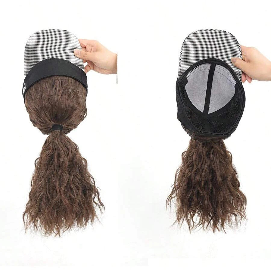 Pelucas con gorro de 16 pulgadas, pelucas de cola de caballo rizadas sintéticas con gorra de béisbol de pata de gallo para mujer, para uso diario y en fiestas.