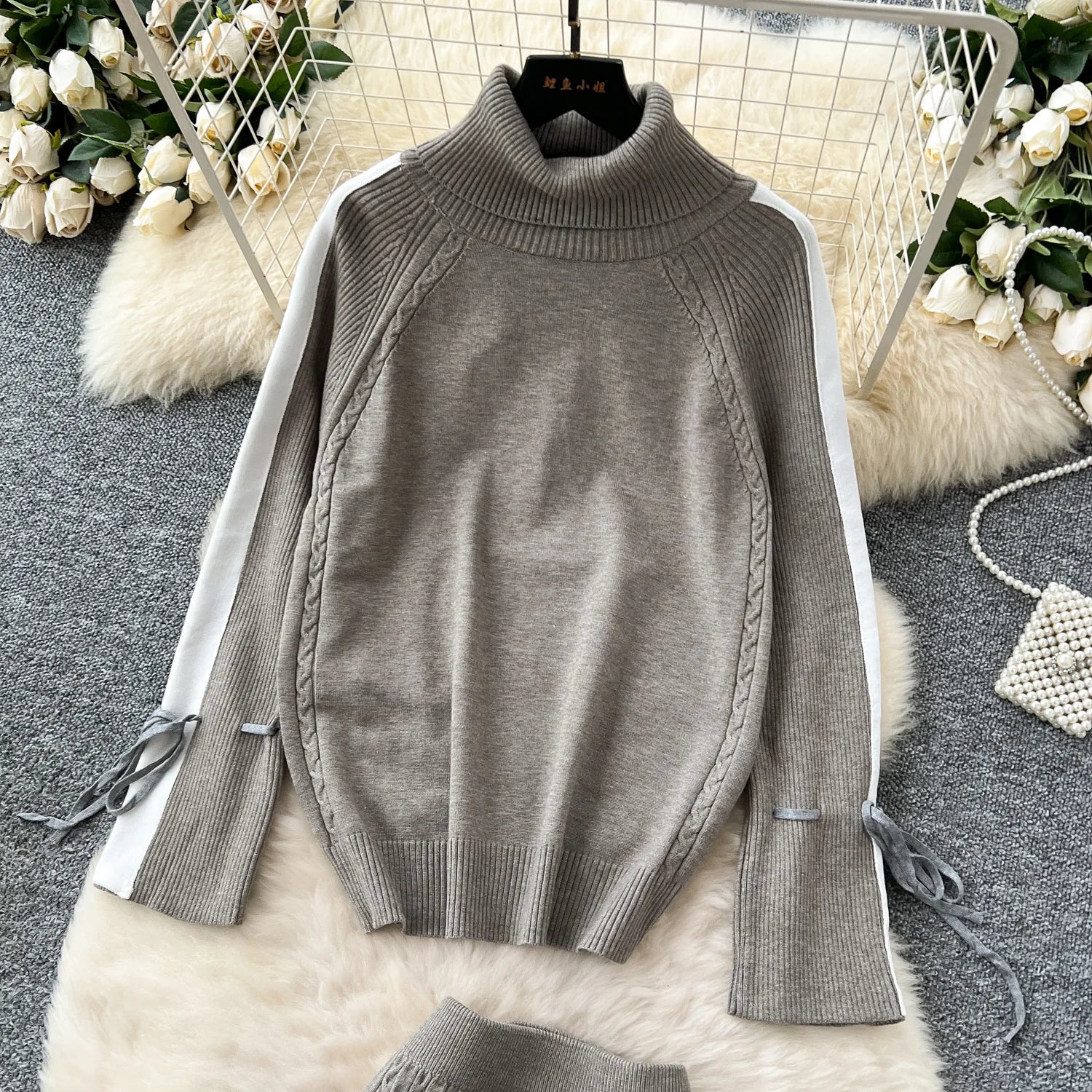 Two Piece Sets Women Skirt Set Turtleneck Knitted Full Sleeve Tops Mid Length Skirts Wrap Hip High Waist Y2k Streetwear Elegant