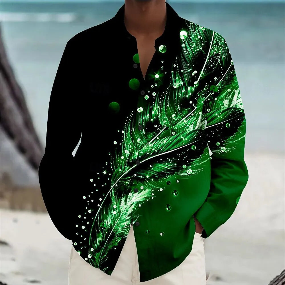 Men's Feather Summer Hawaiian Shirt Button Long Sleeve Shirt Casual Vacation Lapel Violet Teal Peacock Blue XS-6XL Fast Shipping