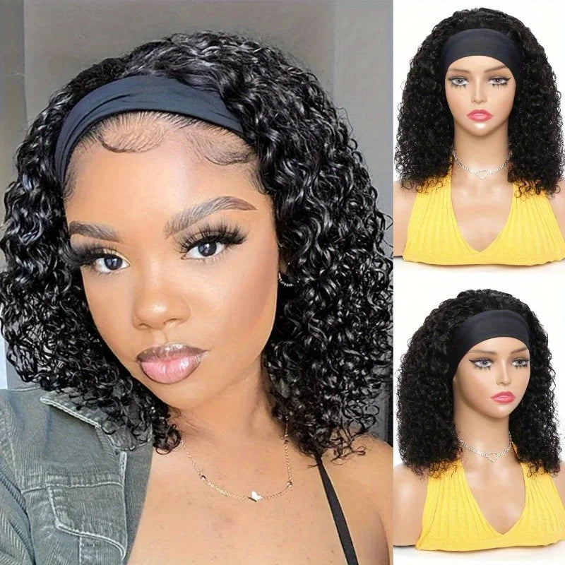 200% Density Brazilian Remy Human Hair Full Machine Made Wig - Kinky Curly Glueless Headband Wig for Women