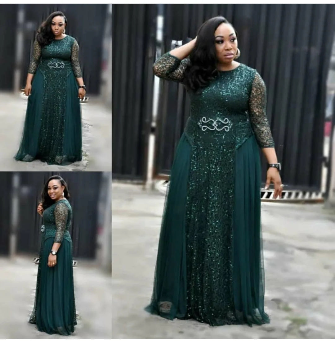 Women Africa Dresses Lace Party Dress O Neck Solid Long Sleeve Loose Kanga A Line Sequins Full Length Vestidos World Apparel