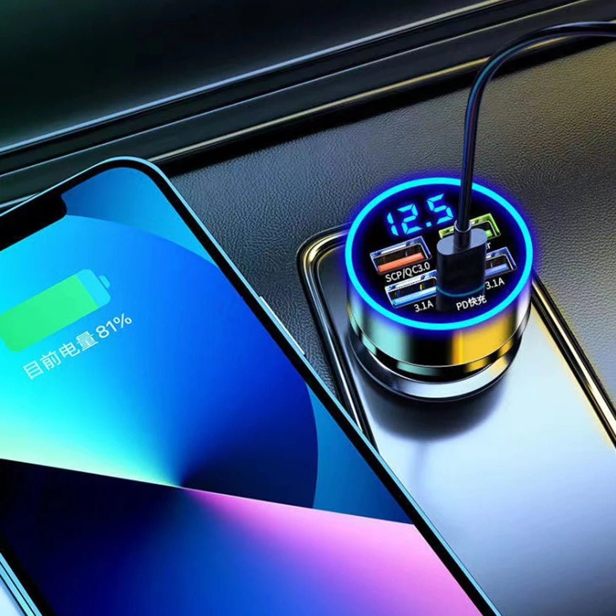 5 Ports Fast Charge PD QC3.0 USB C 250W LED Car Charger Car Phone Charger Type C Adapter in Car For iphone Samsung Huawei Xiaomi