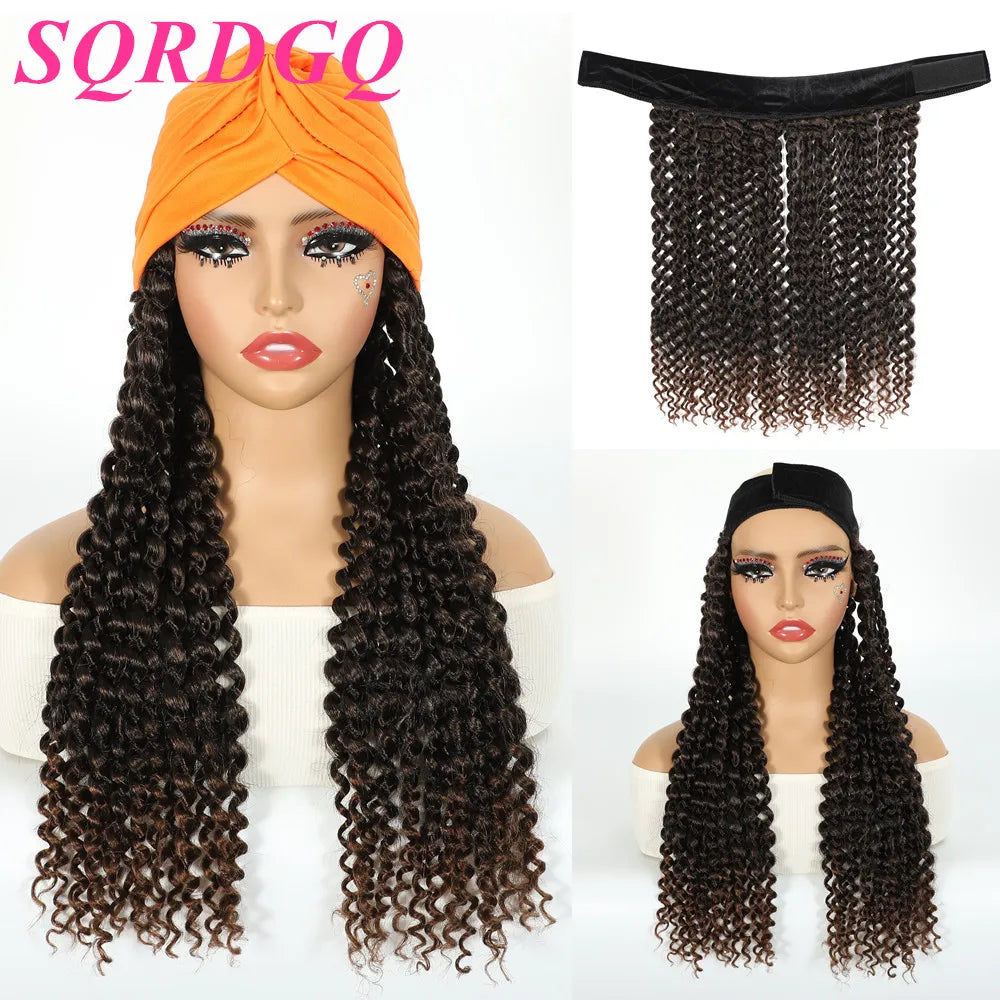 SQRDGQ Synthetic Crochet Hair Woman Wigs Headband Twist Braided Synthetic Wig With Turban Braiding Hair Brown Black Wig Female