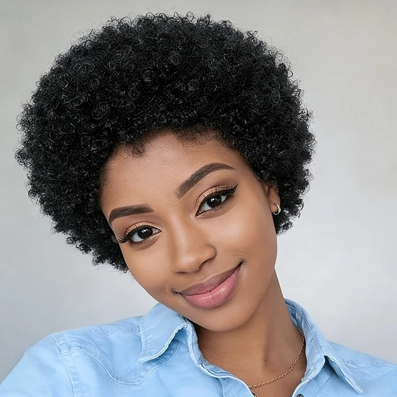 Afro Kinky Curly Wave Wig 150% Density 6Inch Pixie Cut Afro Kinky Curly Human Hair Wig for Women Full Machine Made Wig