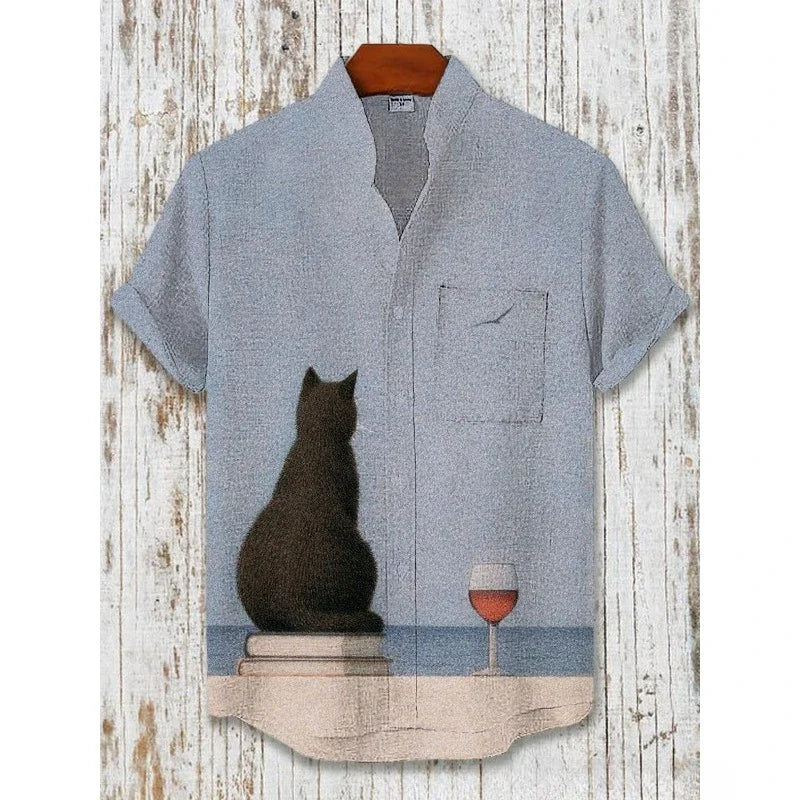 Men's I Must Be God Cat Drinking Red Wine Print Funny Harajuku Shirt Summer Hawaiian Shirts Harajuku Streetwear Casual Tops