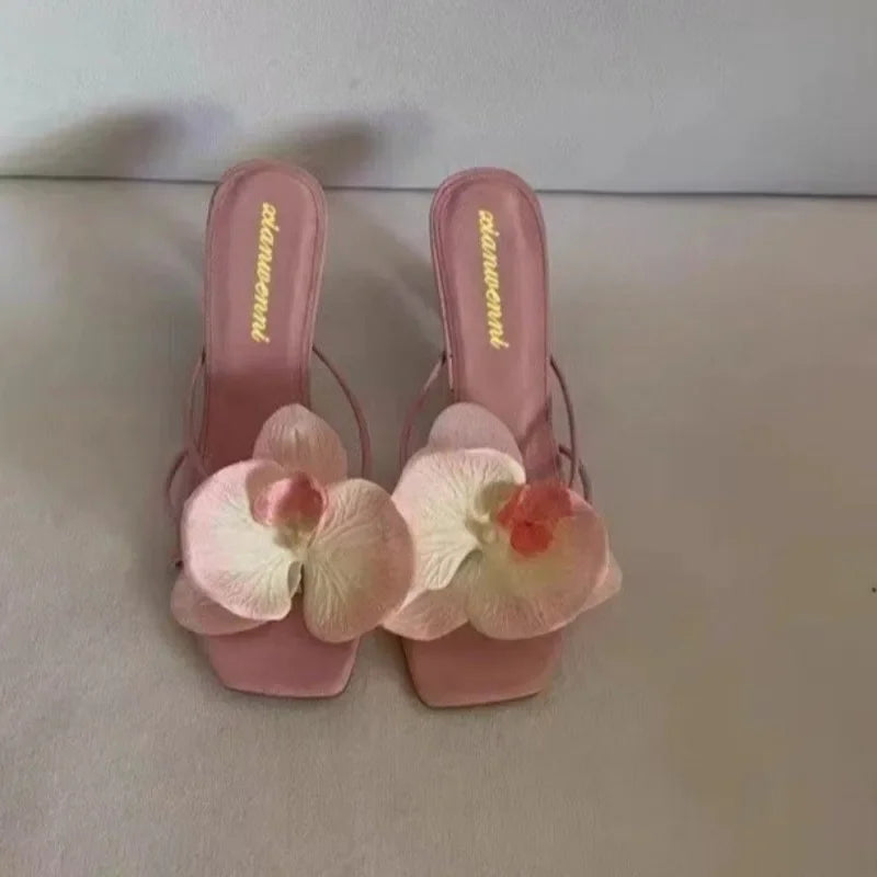 Brand Shoes Female Summer New Elegant Flowers Design Women's Slippers Casual Fashionable Outer Wear High Heel Slides Women