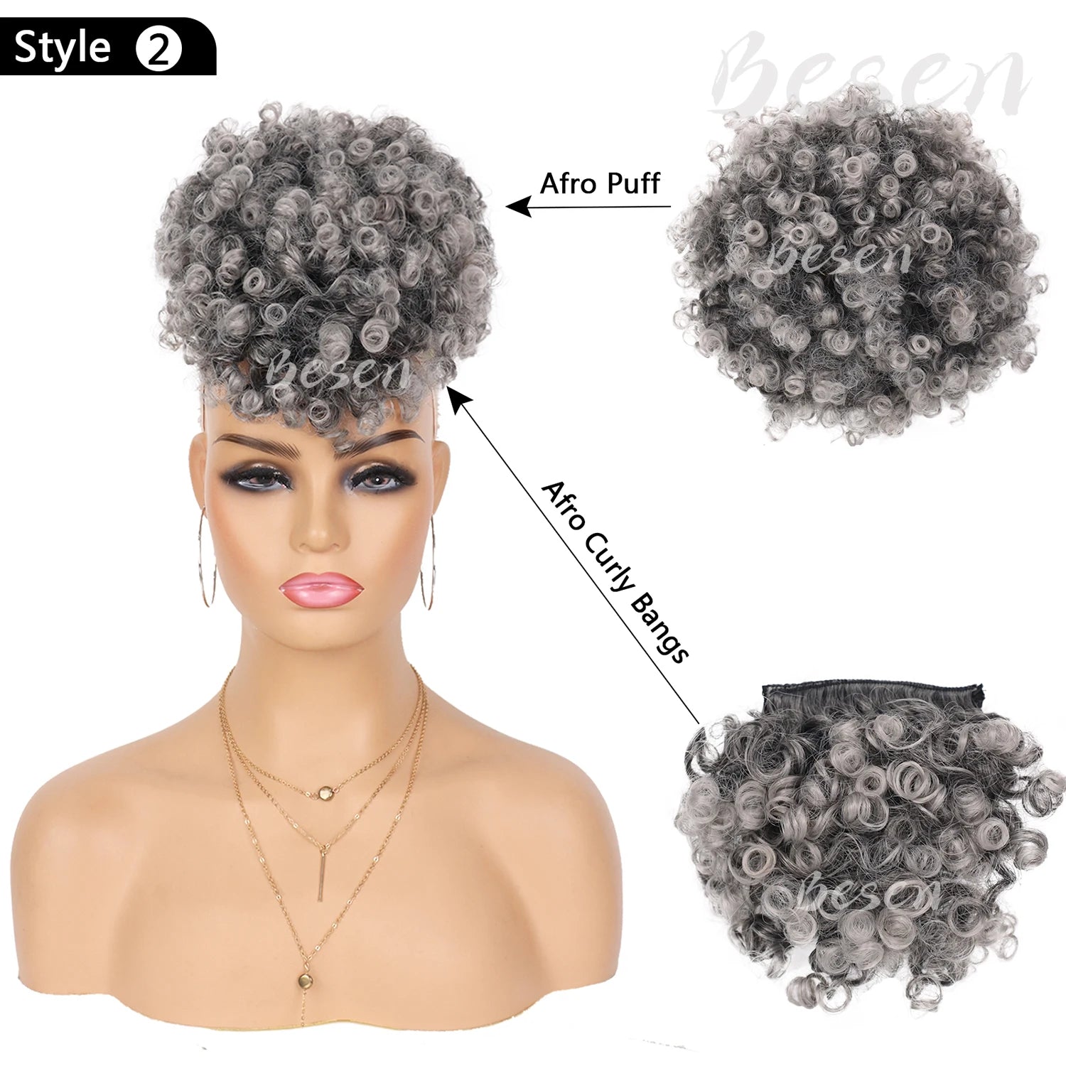 Queue de cheval afro synthétique avec cordon de serrage et frange remplaçable, chignon afro court avec 2 franges, postiche à clipser.