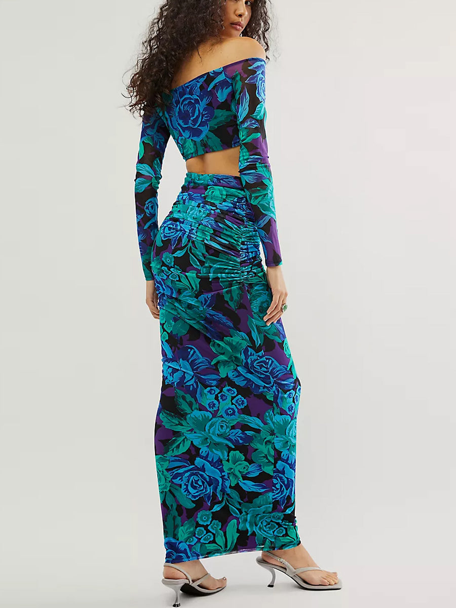 Women Skirt Set Flower Print Long Sleeve Off-shoulder Crop Top with High Waist Long Skirt Fall Outfit