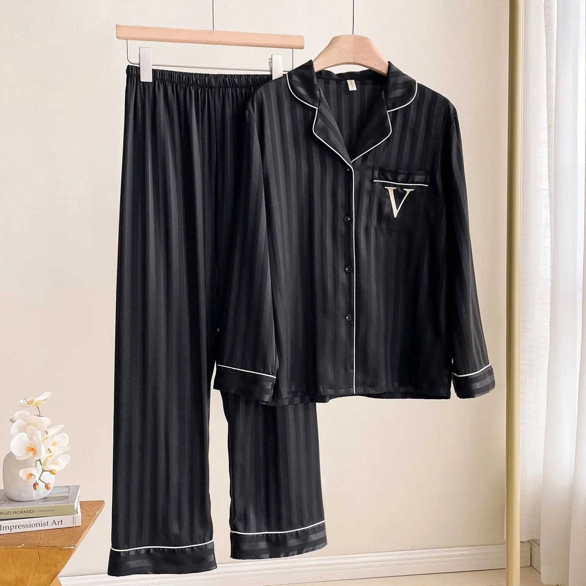 Women's Striped Pajamas Set Satin Long Sleeved Lapel Shirts Nightwear Sexy Lingerie Home Clothes Loose Sleepwear Loungewear