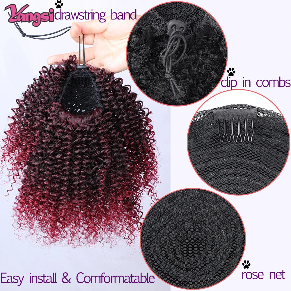 Afro Curly Ponytail for Black Women Drawstring Ponytail Kinky Synthetic hair Extension Ombre Bug Color Clip in For Party